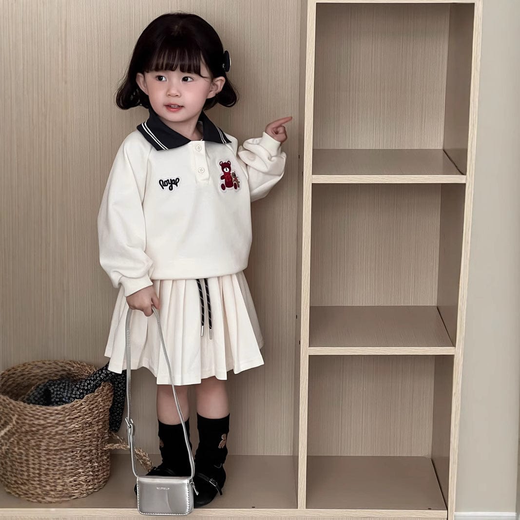 長袖セットアップ キッズセットアップ 2点セット ベアくまワッペン長袖ポロシャツ+プリーツスカート【mh0009103】