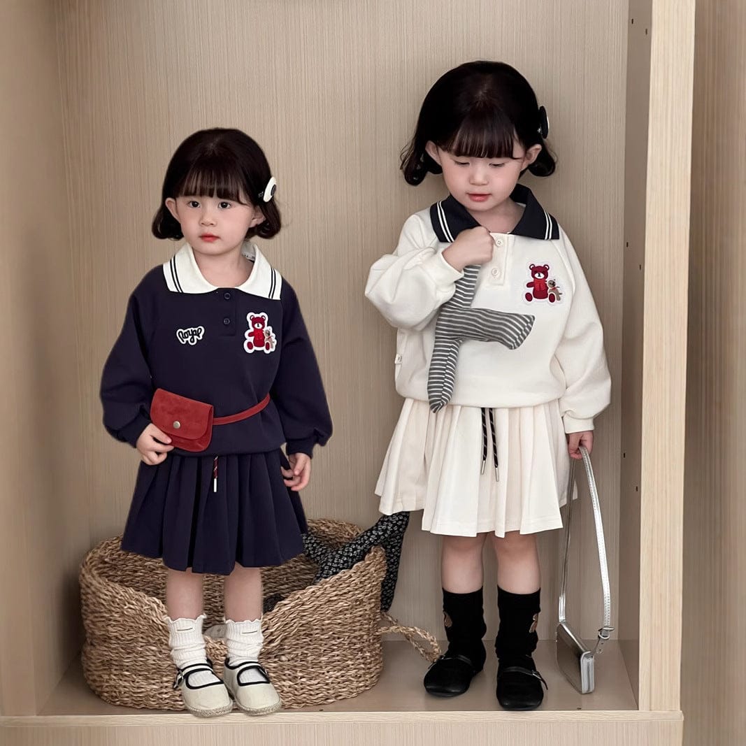 長袖セットアップ キッズセットアップ 2点セット ベアくまワッペン長袖ポロシャツ+プリーツスカート【mh0009103】