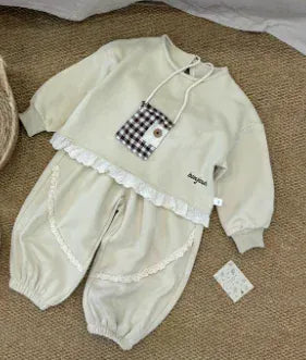 長袖セットアップ Apricot / 90cm 1-2y キッズセットアップ 2点セット 裾レースフリル裏起毛フリース長袖スウェットシャツ+ロングパンツ 2カラー【mh0007522】