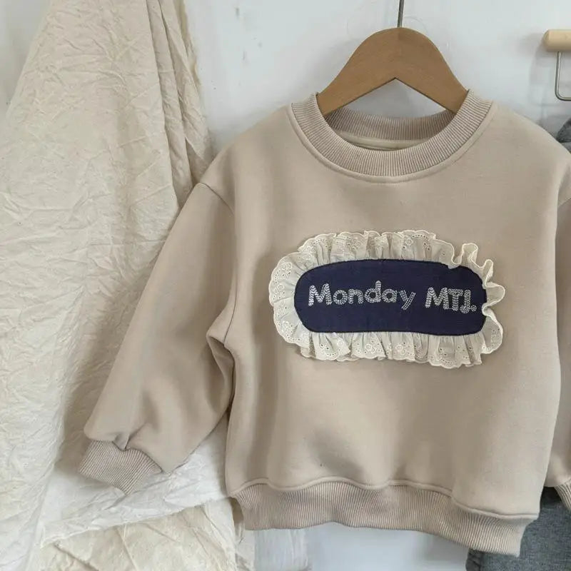 長袖セットアップ apricot sweatshirt / 24M  90CM キッズトップス/パンツ レースフリルアップリケ長袖スウェットシャツ/レースフリルスカートドッキングロングパンツ【mh0008296】