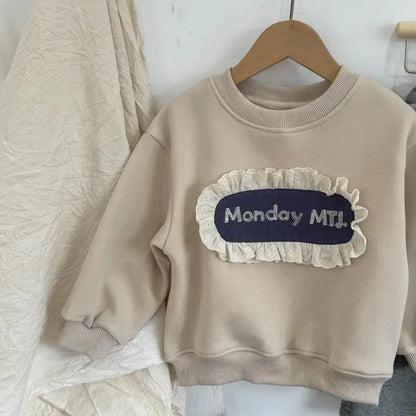 長袖セットアップ apricot sweatshirt / 24M  90CM キッズトップス/パンツ レースフリルアップリケ長袖スウェットシャツ/レースフリルスカートドッキングロングパンツ【mh0008296】