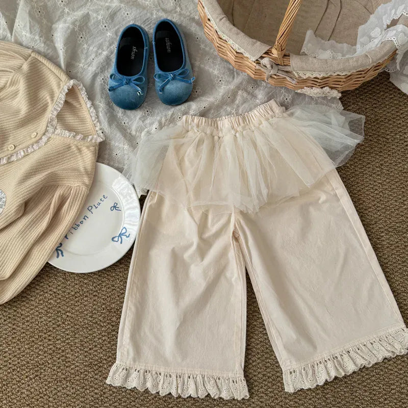 ロングパンツ・スウェットパンツ Beige / 2T (90) キッズパンツ チュールスカートドッキング裾フリルワイドルーズロングパンツ【mh0008864】