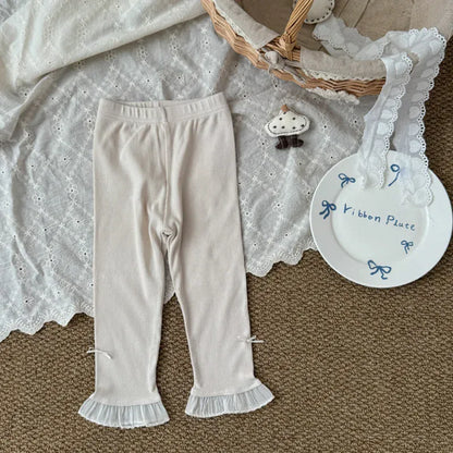 レギンスパンツ Beige / 2T (90) キッズパンツ 裾フリルリボンレギンスパンツ【mh0008865】