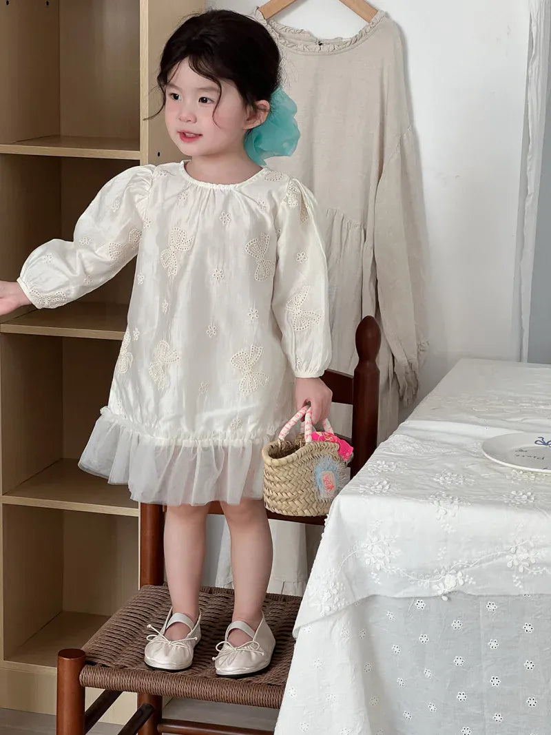 長袖ワンピース beige / 3T (100) キッズワンピース リボンエンボス刺繍裾チュールフリル長袖パフスリーブドレスワンピース【mh-0008868】