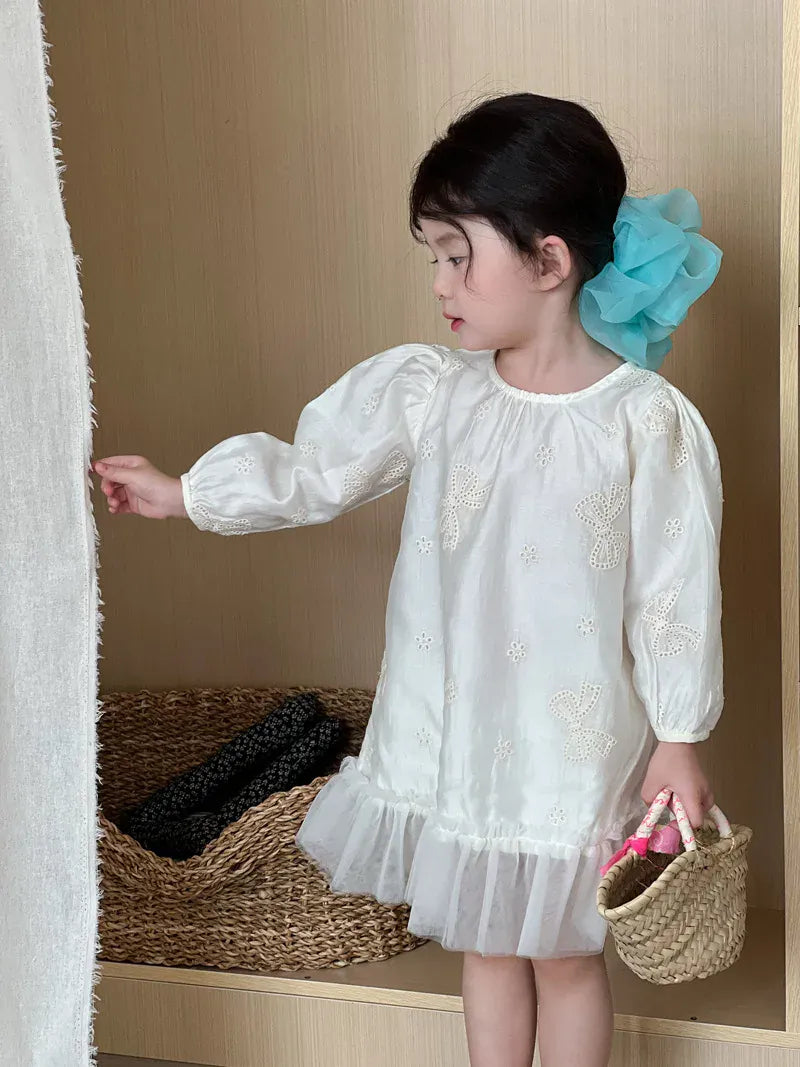 長袖ワンピース beige / 3T (100) キッズワンピース リボンエンボス刺繍裾チュールフリル長袖パフスリーブドレスワンピース【mh-0008868】