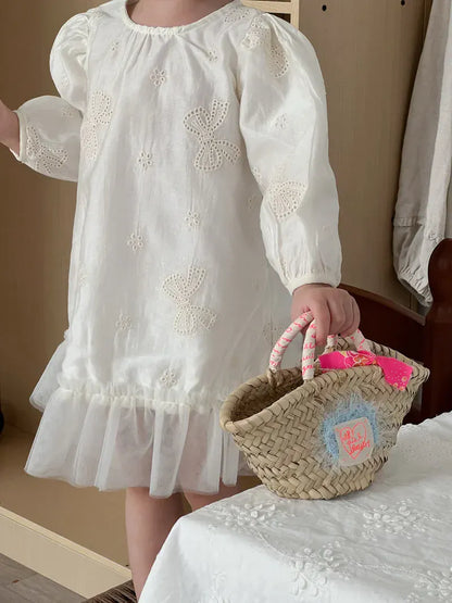 長袖ワンピース beige / 3T (100) キッズワンピース リボンエンボス刺繍裾チュールフリル長袖パフスリーブドレスワンピース【mh-0008868】