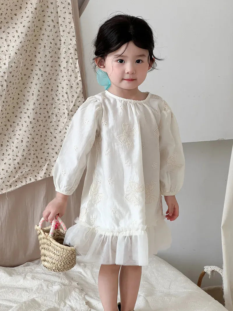 長袖ワンピース beige / 3T (100) キッズワンピース リボンエンボス刺繍裾チュールフリル長袖パフスリーブドレスワンピース【mh-0008868】