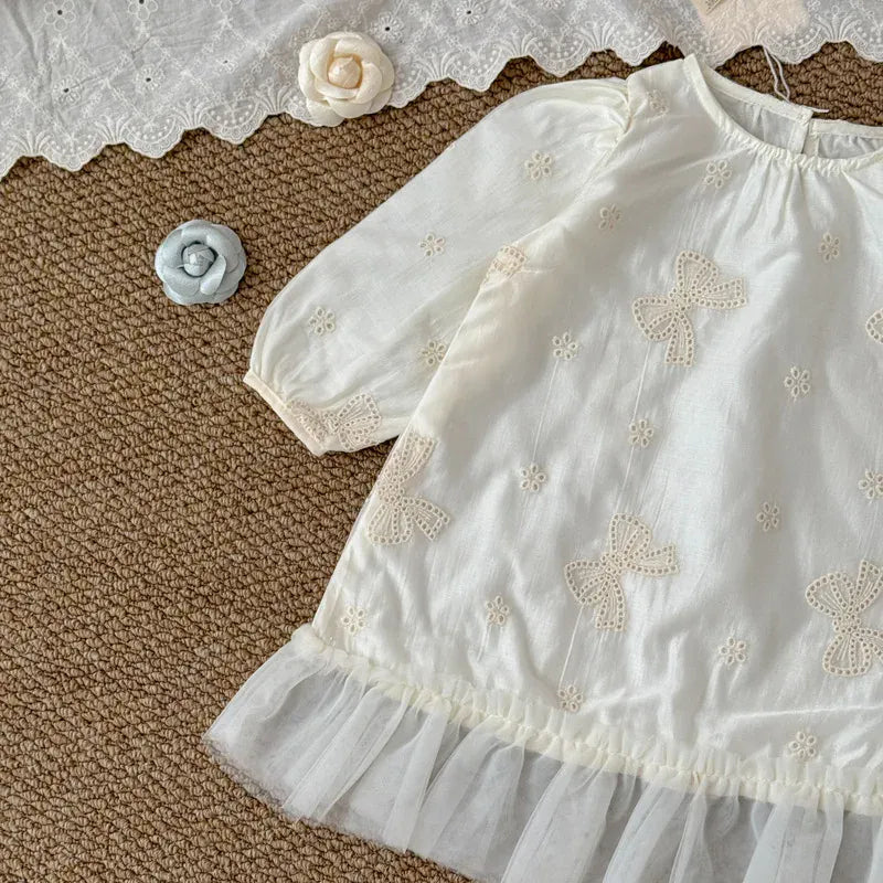 長袖ワンピース beige / 3T (100) キッズワンピース リボンエンボス刺繍裾チュールフリル長袖パフスリーブドレスワンピース【mh-0008868】