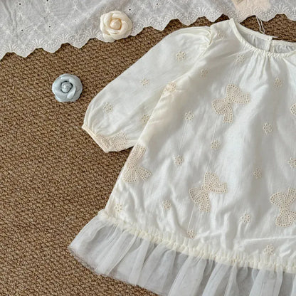 長袖ワンピース beige / 3T (100) キッズワンピース リボンエンボス刺繍裾チュールフリル長袖パフスリーブドレスワンピース【mh-0008868】