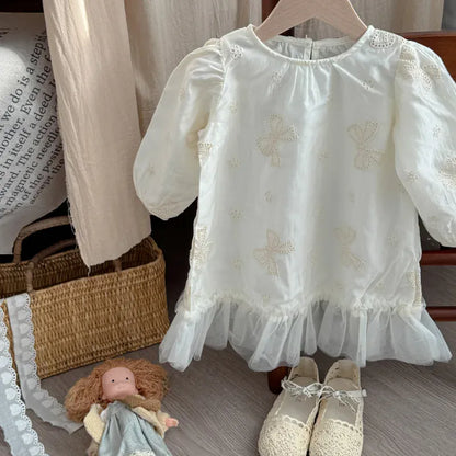 長袖ワンピース beige / 3T (100) キッズワンピース リボンエンボス刺繍裾チュールフリル長袖パフスリーブドレスワンピース【mh-0008868】