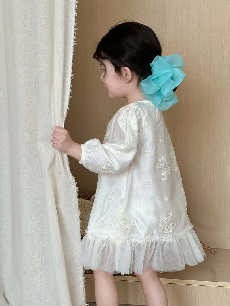 長袖ワンピース beige / 3T (100) キッズワンピース リボンエンボス刺繍裾チュールフリル長袖パフスリーブドレスワンピース【mh-0008868】