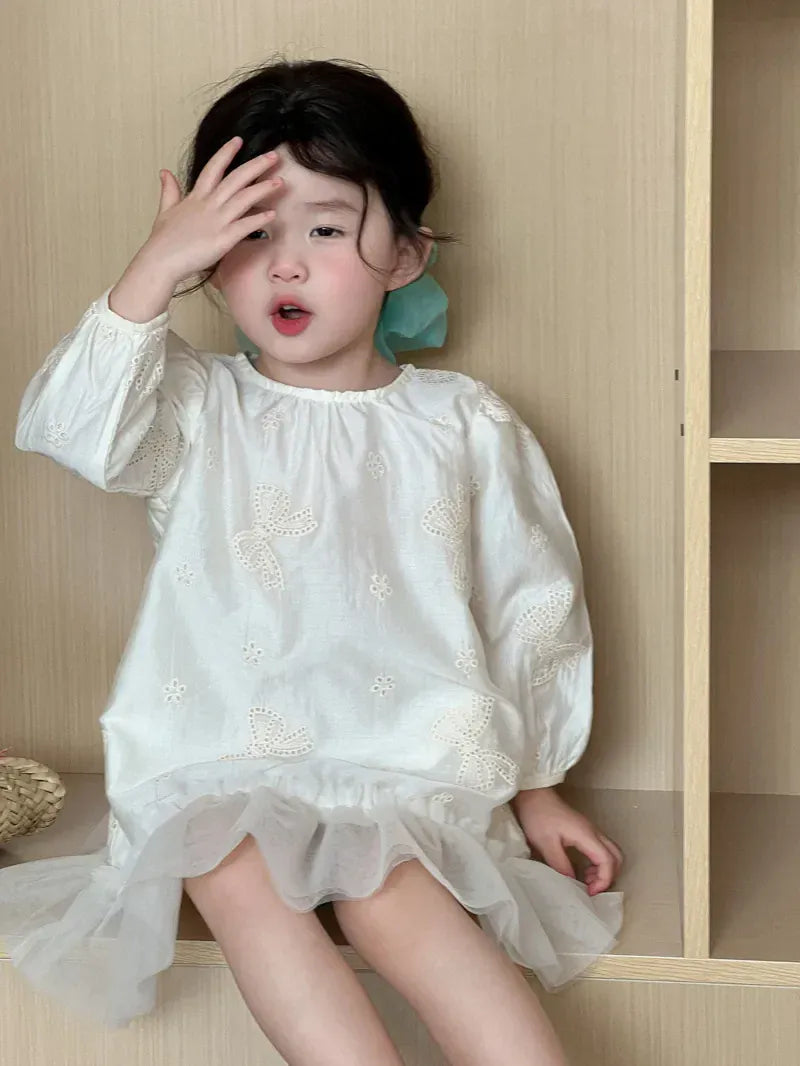 長袖ワンピース beige / 3T (100) キッズワンピース リボンエンボス刺繍裾チュールフリル長袖パフスリーブドレスワンピース【mh-0008868】