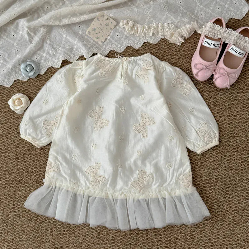 長袖ワンピース beige / 3T (100) キッズワンピース リボンエンボス刺繍裾チュールフリル長袖パフスリーブドレスワンピース【mh-0008868】