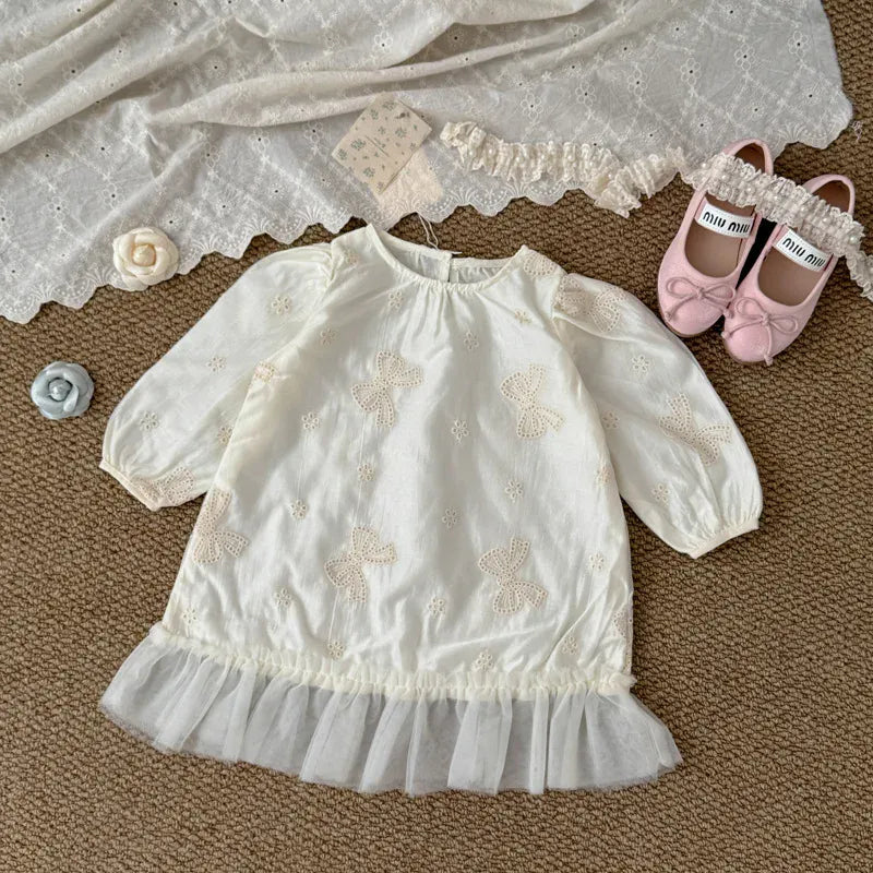 長袖ワンピース beige / 3T (100) キッズワンピース リボンエンボス刺繍裾チュールフリル長袖パフスリーブドレスワンピース【mh-0008868】