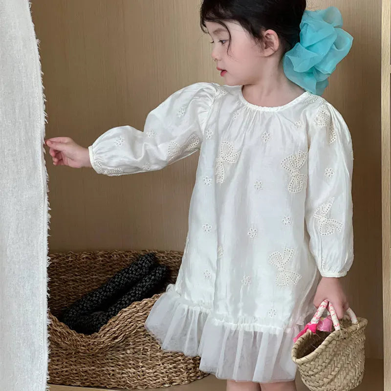 長袖ワンピース beige / 3T (100) キッズワンピース リボンエンボス刺繍裾チュールフリル長袖パフスリーブドレスワンピース【mh-0008868】