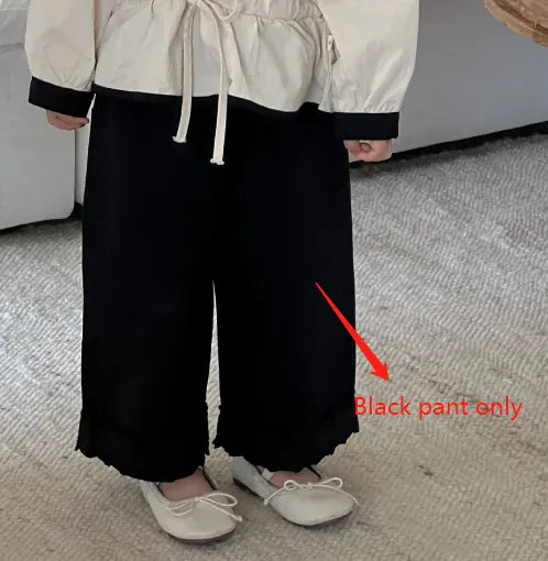 長袖セットアップ black pant / 90cm 1-2y キッズトップス ラッフル襟フラワー刺繍チュニックブラウス/ロングフリルパンツ【mh0007315】