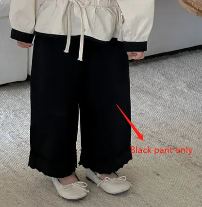 長袖セットアップ black pant / 90cm 1-2y キッズトップス ラッフル襟フラワー刺繍チュニックブラウス/ロングフリルパンツ【mh0007315】