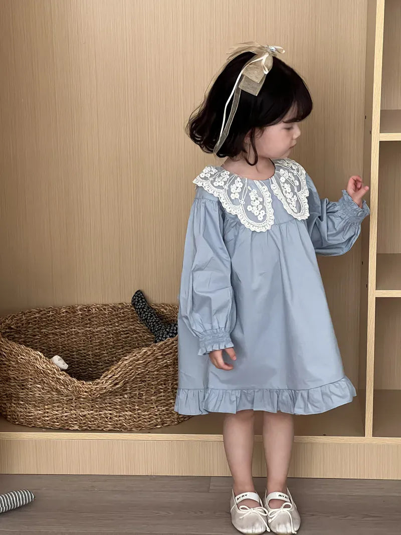 長袖ワンピース Blue / 2T (90) キッズワンピース レースビッグ襟長袖パフスリーブワンピース【mh0008863】
