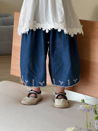 ロングパンツ・スウェットパンツ Blue / 90cm 裾刺繍ステッチルーズクロップドデニムパンツ【mh0009740】