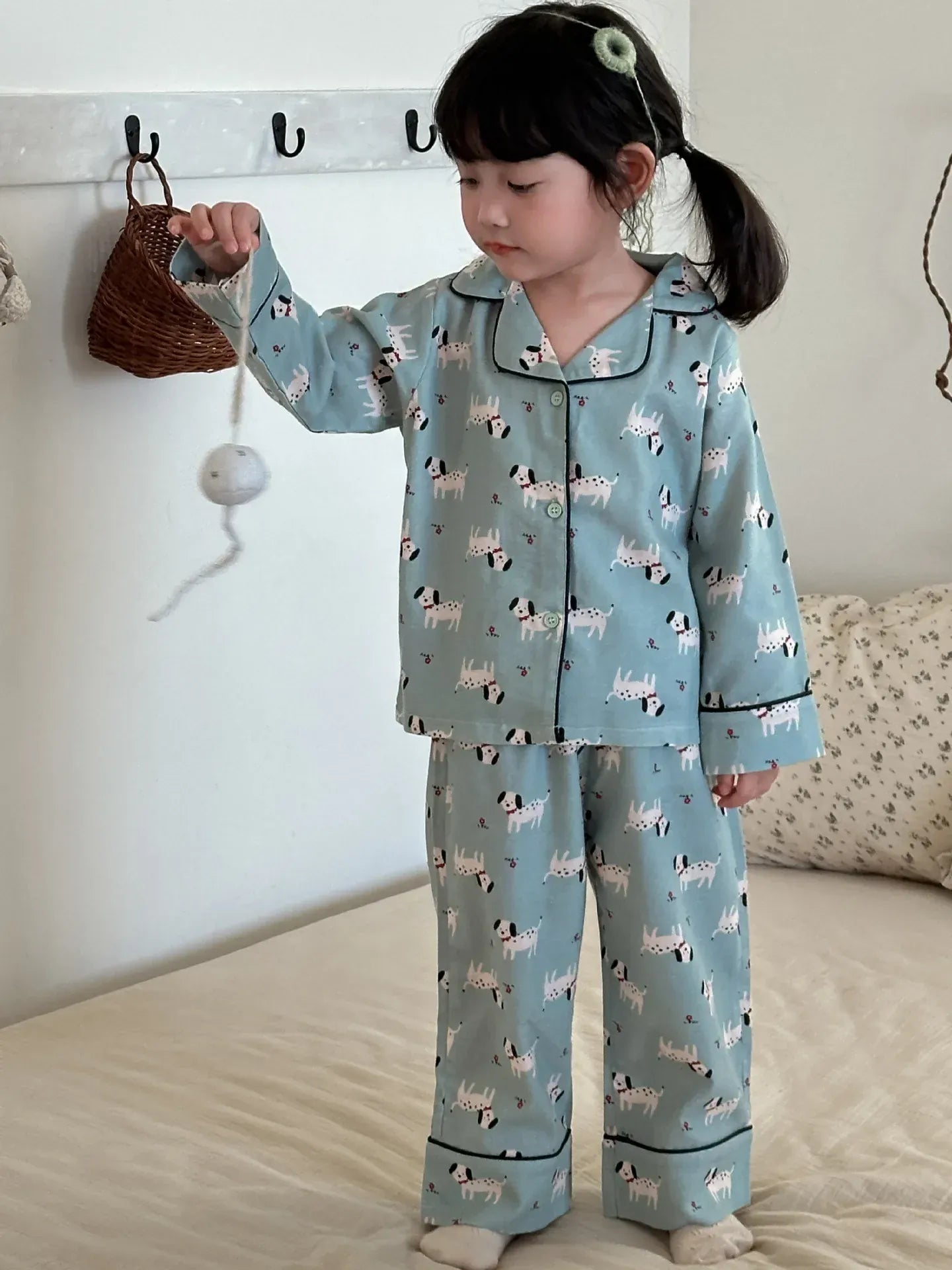 長袖パジャマ blue dog / 100cm 2-3y キッズパジャマセット アニマルプリント長袖シャツ+ロングパンツ 5カラー【mh0007314】