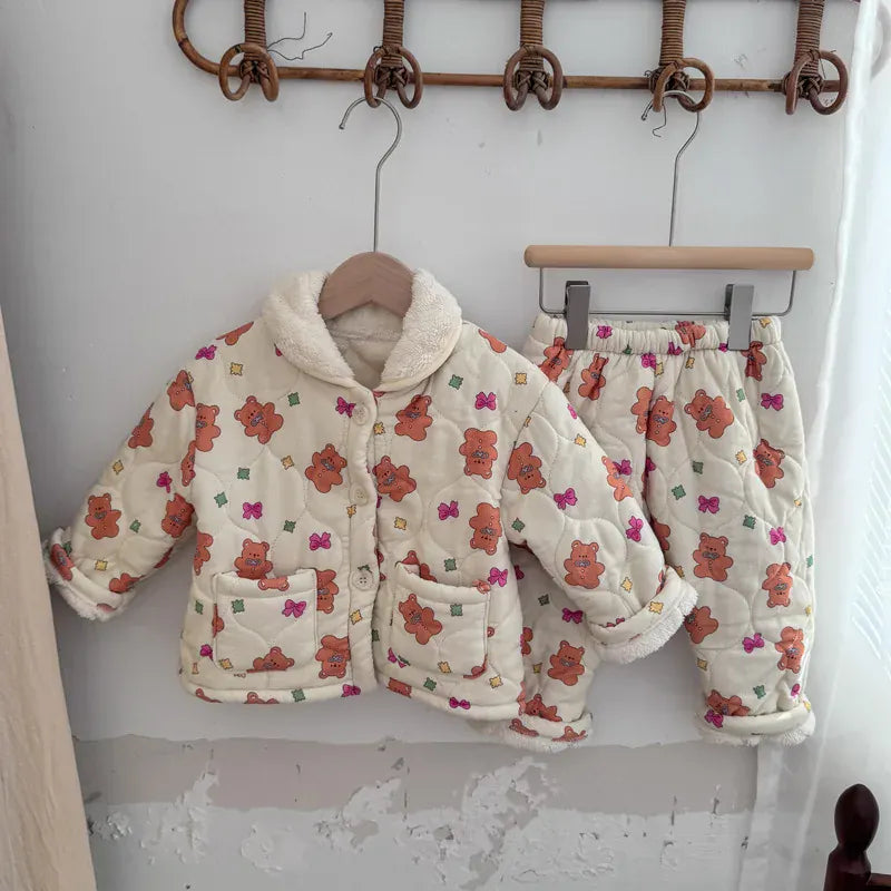 長袖パジャマ bow bear / 4T  110CM キッズセットアップ 2点セット キルティング裏ボアフリース防寒長袖パジャマセット【mh0007985】