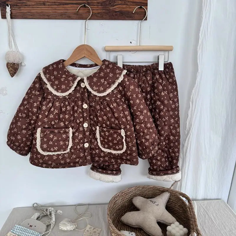 長袖パジャマ brown floral / 24M  90CM キッズセットアップ 2点セット キルティングパデッドフリルガールズ防寒長袖パジャマセット【mh0007987】