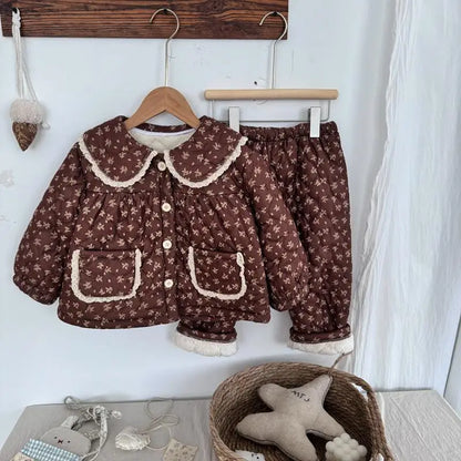 長袖パジャマ brown floral / 24M  90CM キッズセットアップ 2点セット キルティングパデッドフリルガールズ防寒長袖パジャマセット【mh0007987】