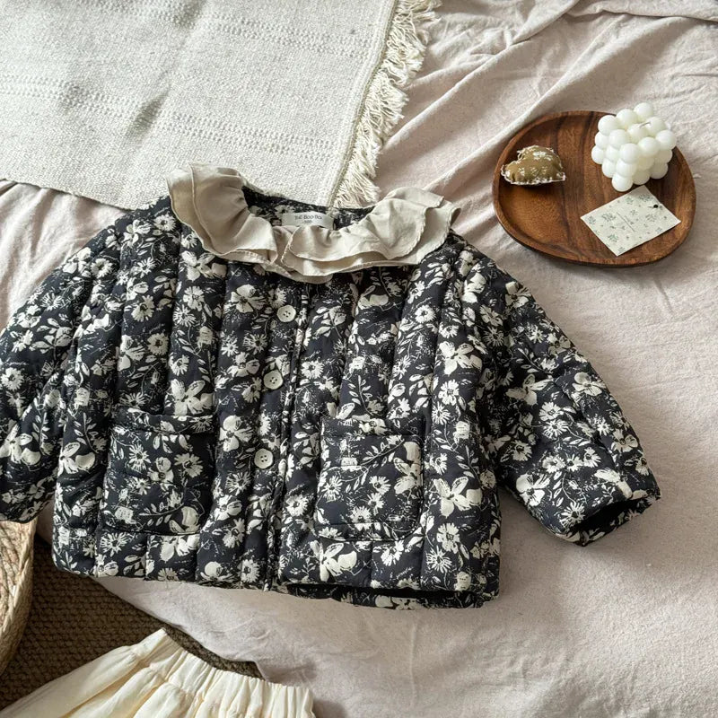 長袖セットアップ coat / 24M  90CM キッズアウター/スカート ラッフル襟フラワープリントジャケット/ダブルフリルスカート【mh0008237】