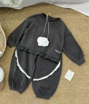 長袖セットアップ Coffee / 90cm 1-2y キッズセットアップ 2点セット 裾レースフリル裏起毛フリース長袖スウェットシャツ+ロングパンツ 2カラー【mh0007522】