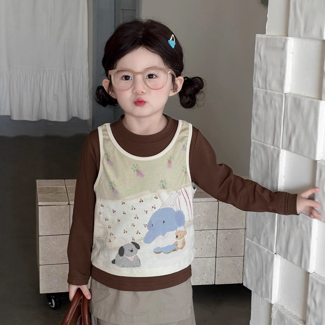 ベスト Coffee base tee + vest 2-piece set / 90cm 犬アニマルプリントノースリーブベスト+長袖Tシャツ【mh0010711】