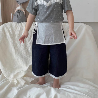 デニムパンツ Dark Blue / 90cm レースエプロン+クロップドルーズデニムパンツジーンズ【mh0009739】