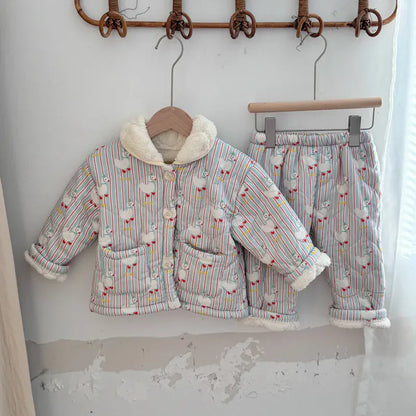 長袖パジャマ duck / 4T  110CM キッズセットアップ 2点セット キルティング裏ボアフリース防寒長袖パジャマセット【mh0007985】