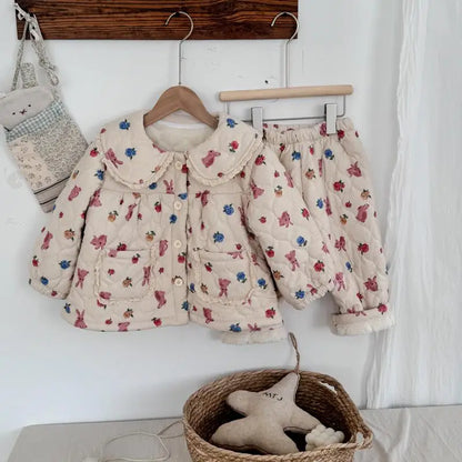 長袖パジャマ flower rabbit / 3T  100CM キッズセットアップ 2点セット キルティングパデッドフリルガールズ防寒長袖パジャマセット【mh0007987】