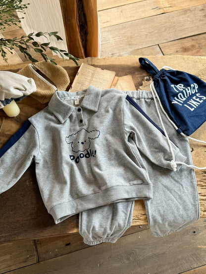 長袖セットアップ Gray / 24M  90CM キッズセットアップ 2点セット 長袖犬プリントポロシャツ+ロングパンツ グレー【mh0006904】