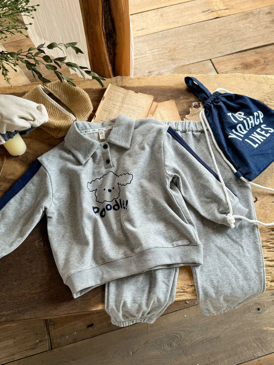 長袖セットアップ Gray / 24M  90CM キッズセットアップ 2点セット 長袖犬プリントポロシャツ+ロングパンツ グレー【mh0006904】