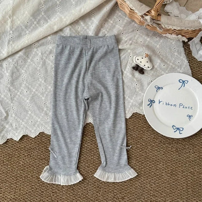 レギンスパンツ Gray / 2T (90) キッズパンツ 裾フリルリボンレギンスパンツ【mh0008865】