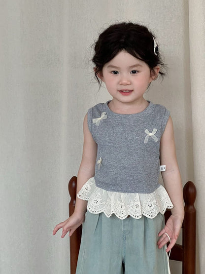 タンクトップ・キャミソール・ノースリーブトップス Gray / 90cm レースペプラムリボンノースリーブタンクトップ【mh0009726】