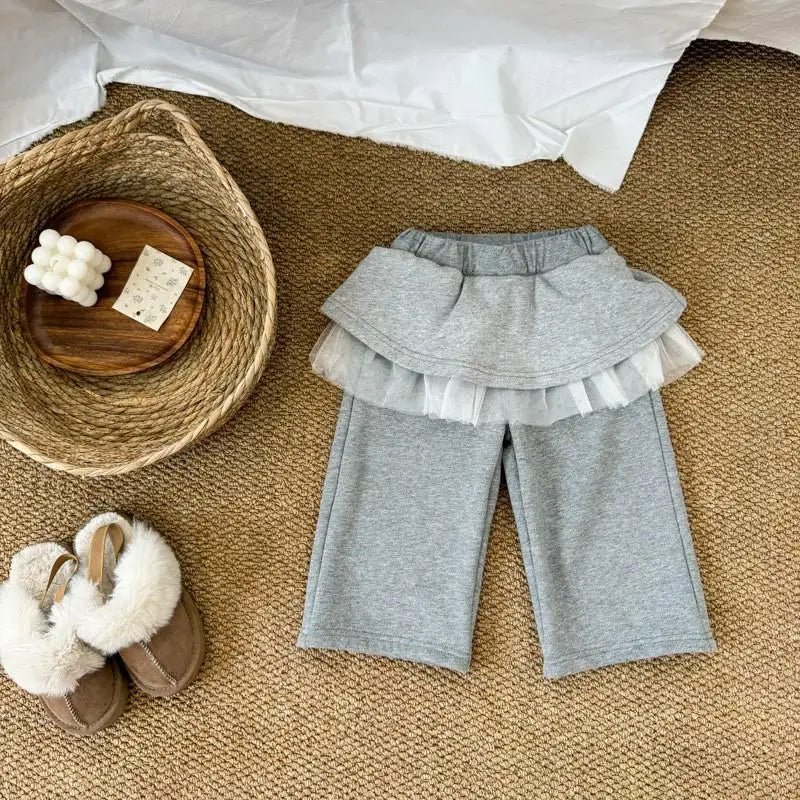 長袖セットアップ gray pants / 24M  90CM キッズトップス/パンツ レースフリルアップリケ長袖スウェットシャツ/レースフリルスカートドッキングロングパンツ【mh0008296】