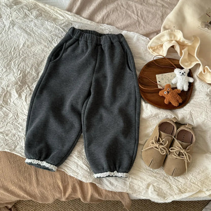 長袖セットアップ gray pants / 24M  90CM キッズトップス/パンツ ベアくまプリントペプラムフリル長袖スウェットシャツ/裾レースロングパンツ【mh0008297】