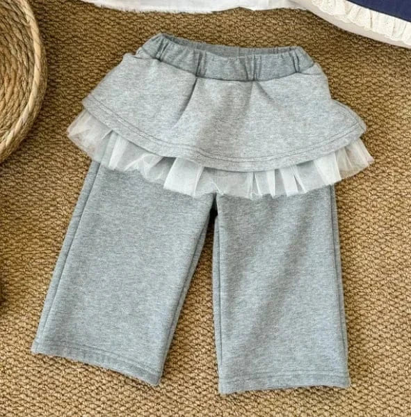 長袖セットアップ grey pant / 90cm 1-2y キッズトップス/パンツ フリルロゴ裏フリース長袖スウェットシャツ/スカートドッキングロングスウェットパンツ【mh0007523】