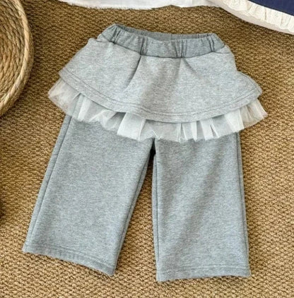 長袖セットアップ grey pant / 90cm 1-2y キッズトップス/パンツ フリルロゴ裏フリース長袖スウェットシャツ/スカートドッキングロングスウェットパンツ【mh0007523】