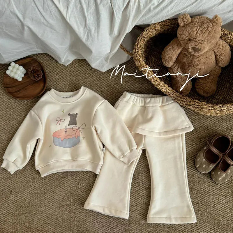 長袖セットアップ Light Yellow / 24M  90CM キッズセットアップ 2点セット フリース長袖スウェットシャツ+スカートドッキングフレアパンツ【mh0008502】