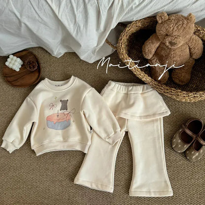 長袖セットアップ Light Yellow / 24M  90CM キッズセットアップ 2点セット フリース長袖スウェットシャツ+スカートドッキングフレアパンツ【mh0008502】