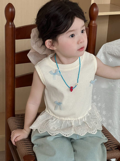 タンクトップ・キャミソール・ノースリーブトップス Light Yellow / 90cm レースペプラムリボンノースリーブタンクトップ【mh0009726】