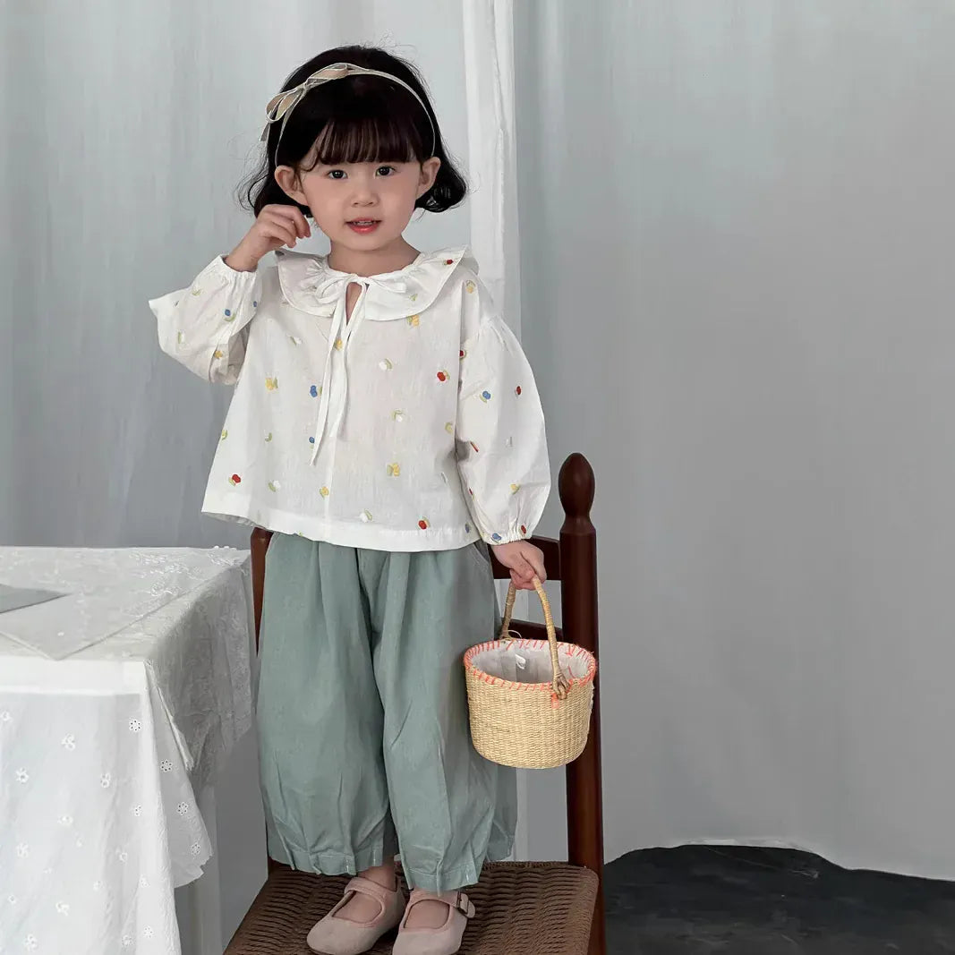 長袖シャツ・ブラウス キッズトップス カラフルフラワー刺繍襟付き長袖パフスリーブチュニックブラウス【mh-0008869】