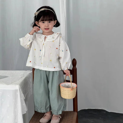 長袖シャツ・ブラウス キッズトップス カラフルフラワー刺繍襟付き長袖パフスリーブチュニックブラウス【mh-0008869】