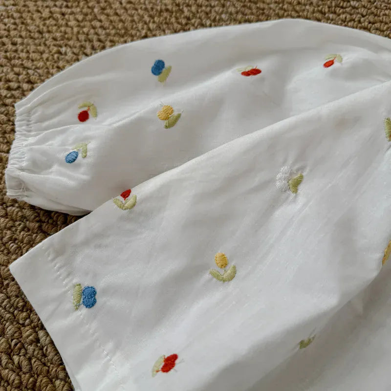 長袖シャツ・ブラウス キッズトップス カラフルフラワー刺繍襟付き長袖パフスリーブチュニックブラウス【mh-0008869】