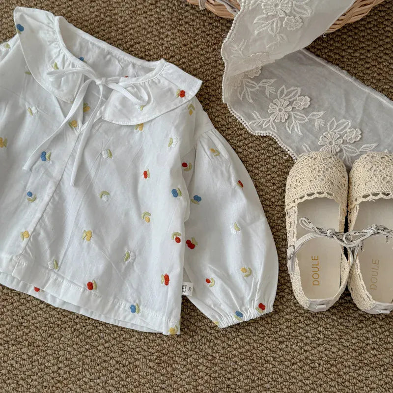 長袖シャツ・ブラウス キッズトップス カラフルフラワー刺繍襟付き長袖パフスリーブチュニックブラウス【mh-0008869】