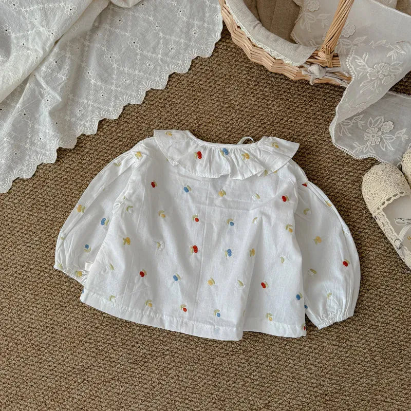 長袖シャツ・ブラウス キッズトップス カラフルフラワー刺繍襟付き長袖パフスリーブチュニックブラウス【mh-0008869】