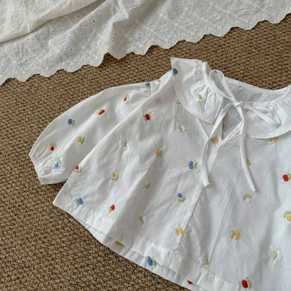 長袖シャツ・ブラウス キッズトップス カラフルフラワー刺繍襟付き長袖パフスリーブチュニックブラウス【mh-0008869】